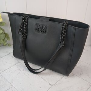 Calvin Klein Black Saffiano Leather Shoulder Bag Black Chain  CK Logo EXCELLENT